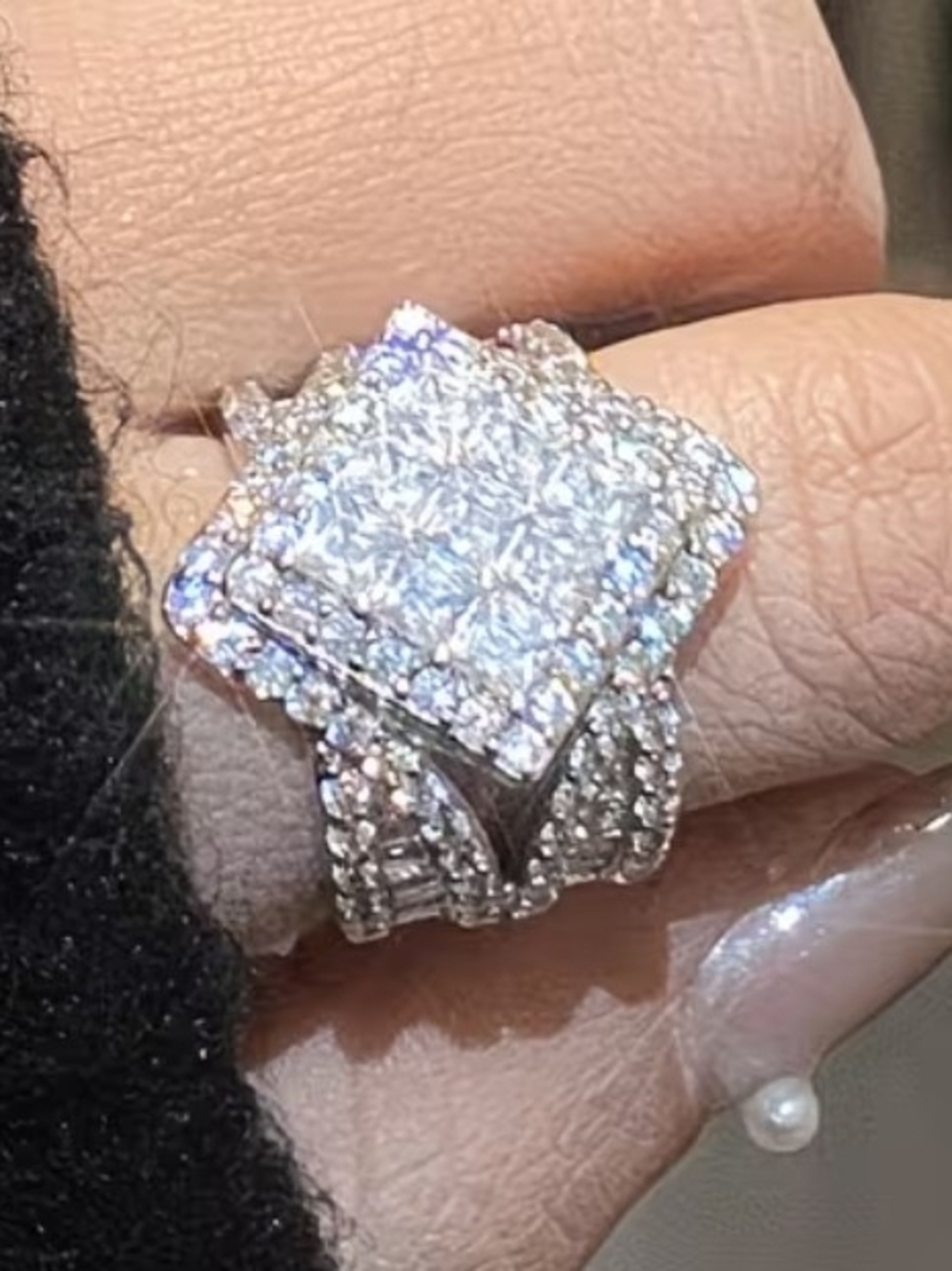 Silver-Tone Pave Cluster Statement Ring - White